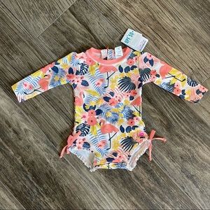 NWT Ruffle Butts Tropical Flamingo One Piece Longsleeve Swimsuit 12-18mo
